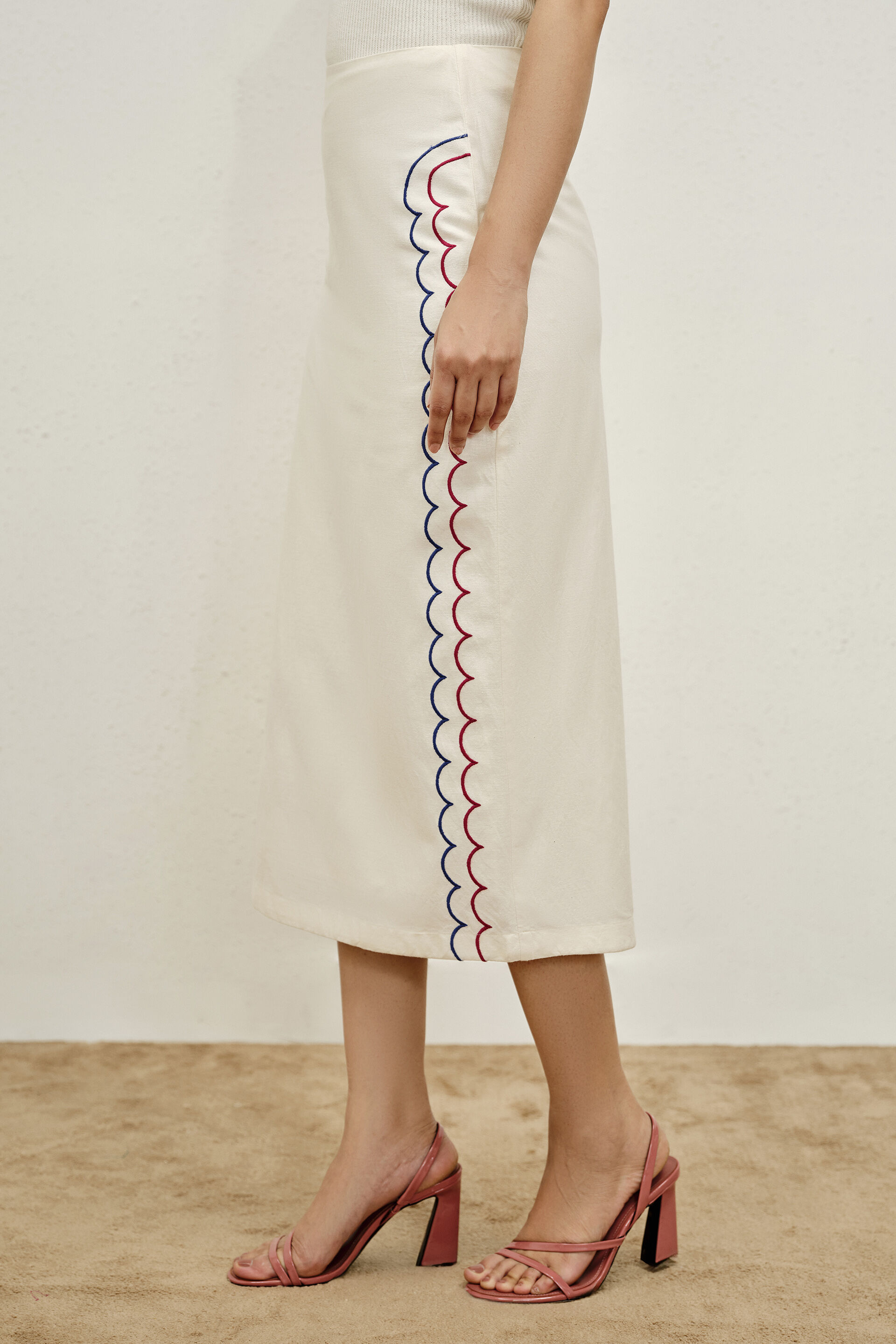 Scallop Embroidered Pencil Skirt in Natural, Natural, image 3